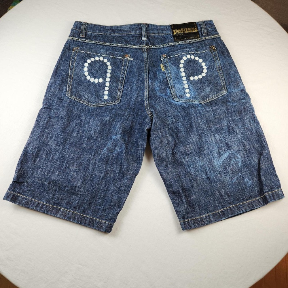 Parish Mens Blue Denim Jeans Shorts Jorts Size 40 Embroidered Baggy Y2K Skater